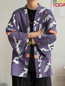 Japanese Ukiyo-E Style Crane Print Kimono Cover Up, Loose Fit For Summer Beach Vacation, Niche Design Swimsuit Cover-Up - Purple - View 4