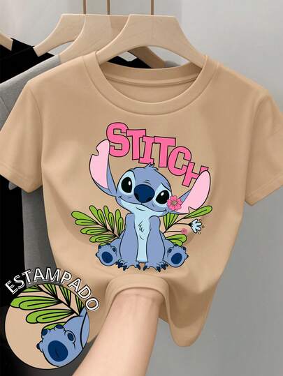  Camiseta para mujer de 100% algodón con cuello redondo y manga corta Estampada original de Disney Película Lilo y Stitch ideal para festividades del día del amor y el amigo Febrero Regalo ideal Primavera Verano Otoño Invierno Stitch tierno con flor
