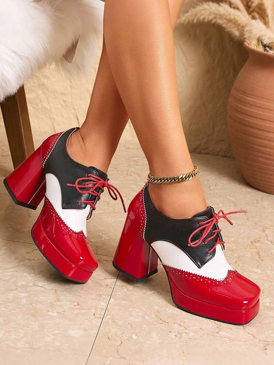 Women's Multi Colored Oxford Shoes Fashion Square Toe Chunky High Heels Platform Brogues Pumps Lace Up Work Office Dress Shoes - Đỏ - Xem 1