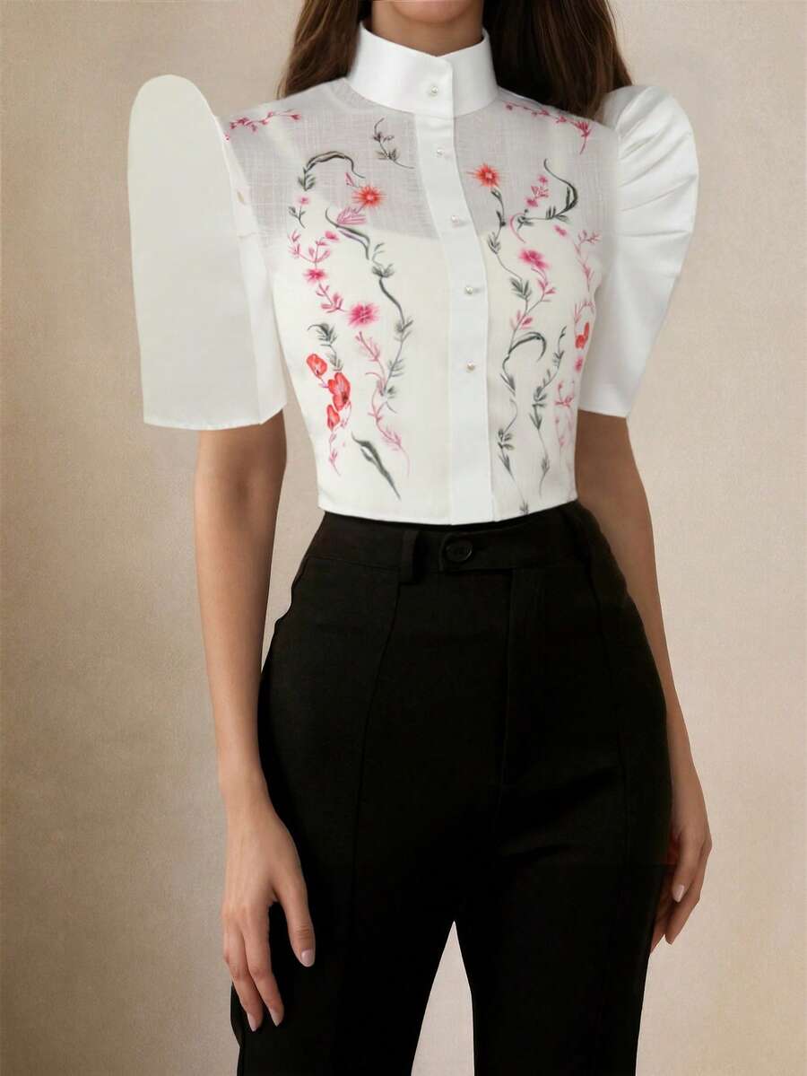 Amyenjoylife Modern Philippine Inspired Shirt, Butterfly Sleeve Philippine Style Blouse, Fashionable Printed Button-Up Shirt, Women's Elegant Mandarin Collar Short Sleeve Top, Philippine Inspired Blouse - White - View 1