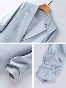 女士休闲通勤褶裥七分袖宽松单排扣西装外套及裤子套装，春夏款 - 淺藍色 - 查看 6