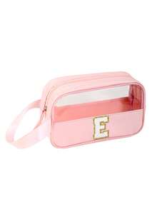 1PC Transparent PVC Toiletry Bag For Makeup Tools Letters Makeup Bag Water-Proof Portable Chenille Letter Zipper Make Up Organizer Minimalist Initial Letter Patch Travel Toiletry Bag For Women For Bathroom Monogram Wash Bag (Letter A~Z) Gift For Mom Beach Bag Beach Essentials Beach Towel Organizer Beach Accessories Beach Stuff Holiday Bag Holiday Essentials For Winter And Fall For Vacation Valentine's Day - Pink - Small - View 14