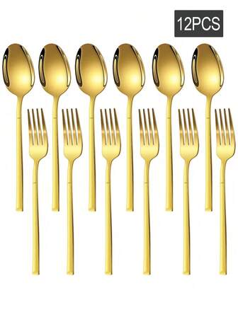 6/12 piezas Tenedores y cucharas de acero inoxidable estilo caballero, reutilizables y fáciles de limpiar, adecuados para comidas occidentales, pasta, ensalada, fruta, pasteles y postres, aplicables para el hogar, meriendas, bodas, picnics