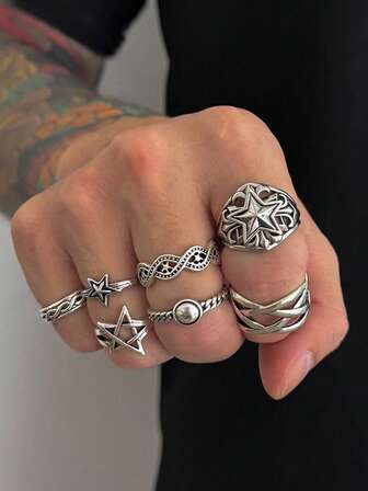 7pcs Fashionable Punk Style Star & Geometric Pattern Ring Set, Casual Daily Wear For Men