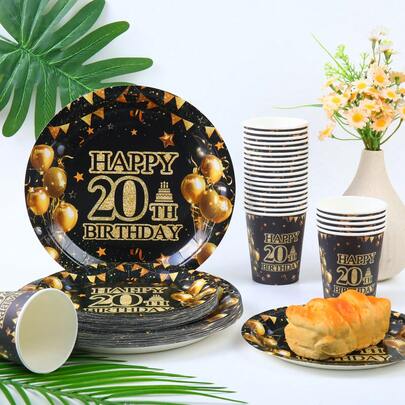 20th Birthday Party Disposable Tableware Set, 7/9 Inch Paper Plates, Cups, Suitable For Holidays, Weddings, Engagements, Birthdays, Celebrations, Wedding Party Supplies