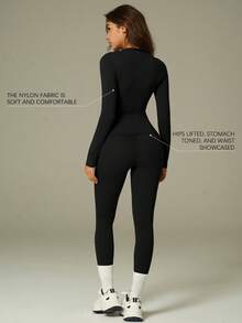 UONNOU 舒适塑身瑜伽两件套 | 长袖上衣 + 高腰紧身裤，适合日常运动 - 黑色 - 查看 3