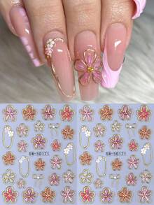 5D金线芙蓉花美甲贴纸，3D金属不对称方形边框，粉色和红色花瓣蝴蝶结DIY春夏优雅Y2K风格自粘凝胶指甲油贴纸，全息美甲装饰，家用美甲沙龙用品 - 彩色 - 查看 10