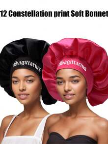 2pcs Black & Rose Red Constellation Printed Bonnet Set, Personalized Wide-Brimmed Satin Elastic Sleeping Hair Caps For Curly & Straight Hair - Black + Rose Red - Zodiac Sign (SM05 + SM10-1) - View 19