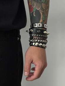 1 Set Men's Punk Rock Studded Bracelet Set, Spiked Leather Bracelet, Star Studded Bracelet, 80s Emo Style, Faux Leather, Gothic Fashion Halloween Jewelry Bracelet Accessories, Unisex