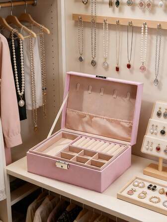 1 pieza Joyero elegante con cerradura de llave para mujeres - Gran capacidad, bandejas extraíbles de doble capa para aretes y pulseras, forro de terciopelo suave, exterior de piel sintética - Regalo perfecto, diseñado para mujeres