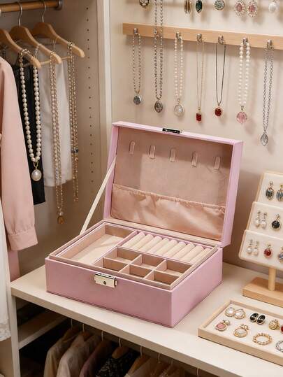 1pc Elegant Jewelry Box With Key Lock, Large Capacity Jewelry Case With Removable Trays For Earrings And Bracelets, Soft Velvet Lining, Faux Leather Exterior - Great Gift For Women, Waterproof Dual-Layer PU Leather Jewelry Organizer Box With Lock, Portable Jewelry Display Stand, Watch Box ,Room Decor