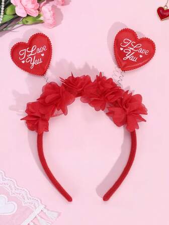 1pc Valentine's Day Heart Shaped Headband For Girls 'I Love You'letter Hairband Red Mesh Flower Decor Headwear Cute Shakeable Heart Hair Hoop Teens Hair Accessory