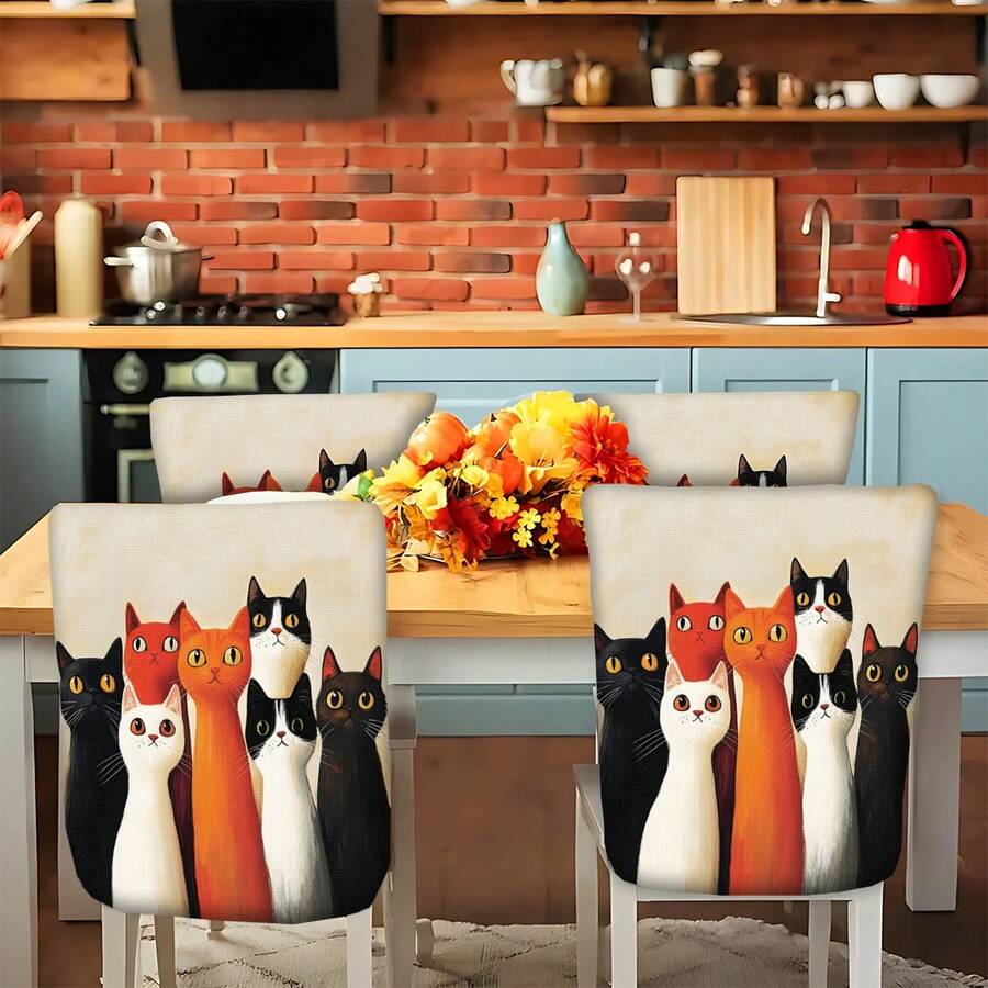 2/4/6/8pcs 2D Flat Backrest Chair Covers, Colorful Cat Pattern Simple Print Seat Covers, Suitable For Restaurants And Home Decor, Weddings And Anniversaries, Bars, Parties, Home Decor, Party Decor, Washable Chair Covers, Chair Protectors, Seat Covers - Multicolor - View 1