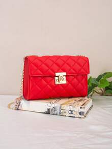 Rhombus Chain Crossbody Bag, Rhombus Pattern Shoulder Bag, Fashionable Flap Chain Crossbody Bag For Women - Red - View 2