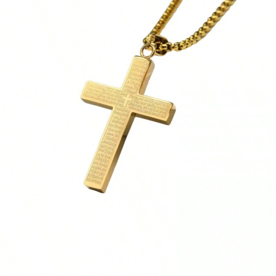 Collar con Colgante de Cruz Chapado en Oro con Grabado del Padre Nuestro