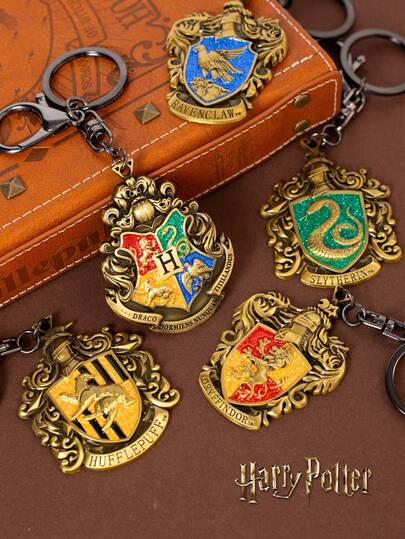 Harry Potter 1个复古霍格沃茨魔法世界四大学院钥匙扣，复古哈利波特格兰芬多、斯莱特林、赫奇帕奇、拉文克劳学院钥匙圈，适用于包包、手机壳装饰，粉丝配件钥匙扣，返校礼物
