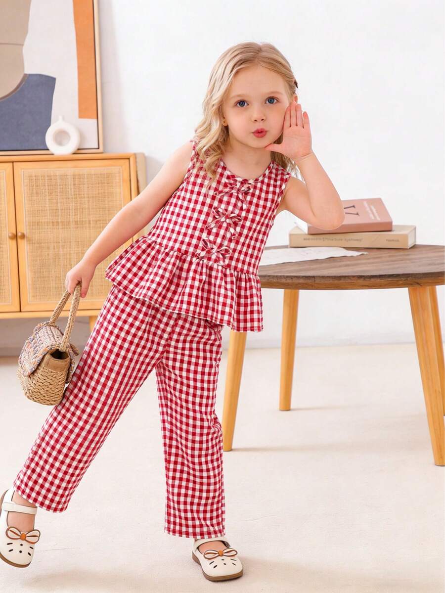 Toddler Spring/Summer Red & White Plaid Set, Cute Bow Tie Sleeveless Top Paired With Wide Leg Pants, Fresh & Stylish 2-Piece Casual Outfit - Pink - View 1