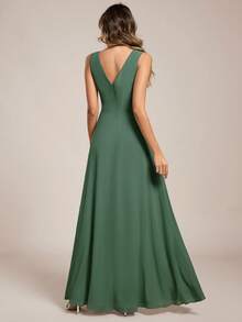 Elegant Solid V-Neck Ruched Draped Split Thigh Maxi Olive Green Bridesmaid Dresses - Olive Green - View 3