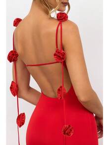 Vestidos Elegantes De Mujer Vestidos Dresses For Women Formal Dresses For Women Dresses For Women Elegant Prom Dresses Formal Dresses For Women Formal Gowns For Women Evening Elegant Sexy Evening Dress With Backless Shoulder Straps, Three-Dimensional Flower Decoration And Halter Tops - 紅色 - 查看 4