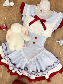 Japanese Sweet Cherry Ball Blue Plaid Dress Summer Cute Lolita Little Flutter Sleeve Puffy Princess Dress - váy công chúa kẻ caro xanh - Xem 2