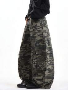 1 chiếc quần jeans nam dáng rộng ống thẳng, thiết kế phối nhiều mảnh vải rách rưới kiểu vintage, phong cách đường phố thường ngày (Không bao gồm thắt lưng và phụ kiện) - xanh quân đội - Xem 2