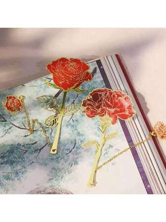 1件/套 金属玫瑰和康乃馨优雅书签，奢华镂空可弯曲书签，带花朵吊坠，是送给学生、返校用品、爱书人士、教师、情人节、毕业典礼、母亲节、生日、新年礼物的完美之选。