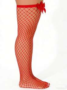1 Pair Women's Red Bow Fishnet Over-The-Knee Socks Pure Desire Style Satin Bow Decoration Suitable For Valentine's Dates, Christmas Parties, New Year's Eve, Candlelight Dinners Eye-Catching Dating Item