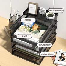 5 Tier Stackable Letter Tray Office Desk Paper Organizer File Trays Desk Holder for Paper Letter Supplies with Pen Holder - Schwarz-1 Stück - Übersicht 3