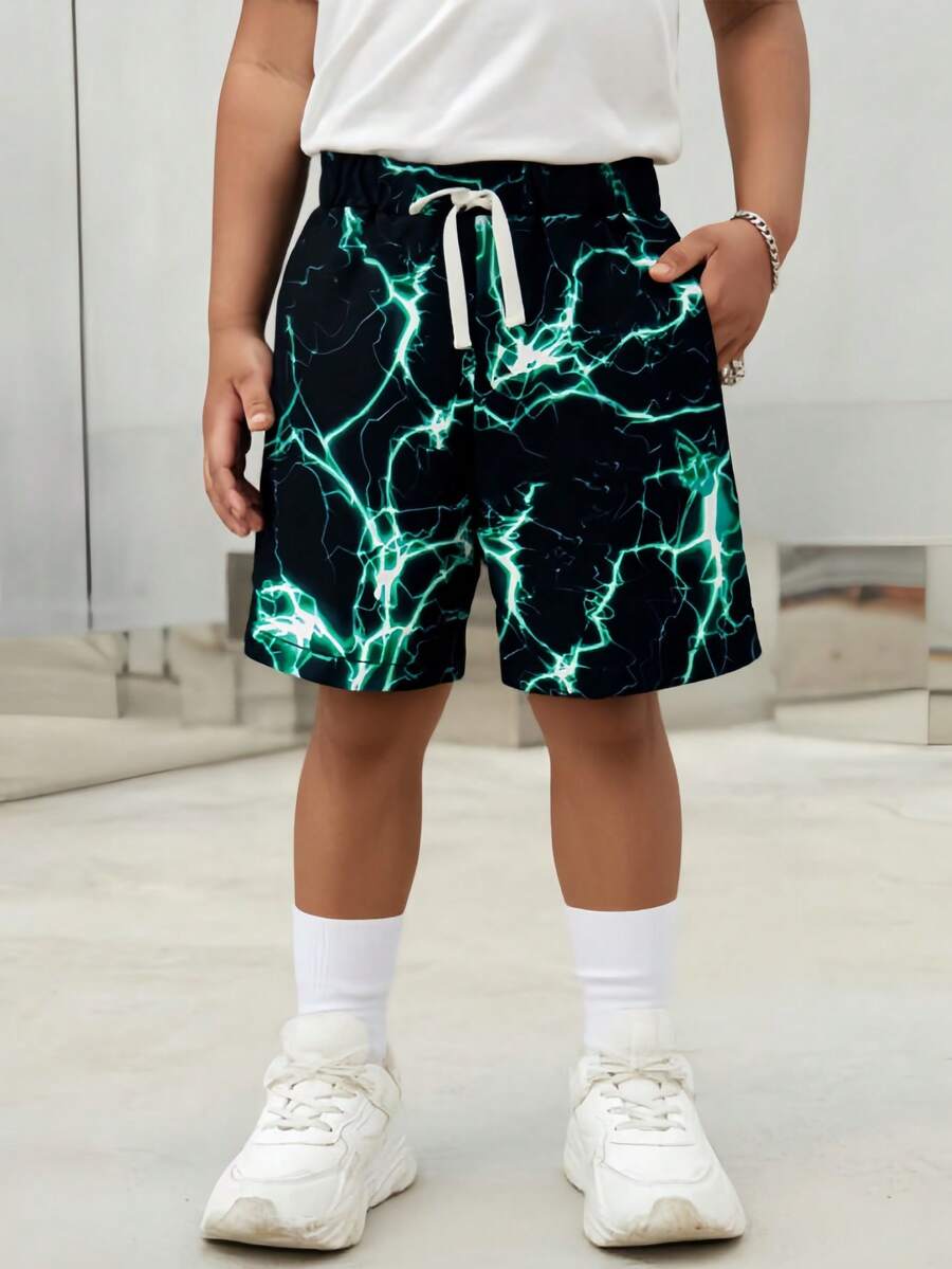 Boys' Lightning Print Elastic Waist Casual Versatile Shorts, Spring/Summer - Black - View 1