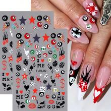 2pcs Y2K Style 3D Nail Stickers - Self-Adhesive Cartoon Cherry, Leopard, Star, Billiard Ball And Playing Card Patterns, Suitable For DIY Nails, Glossy Effect, Disposable, Embroidered Texture, Rectangular, Fun Creative Design, DIY Manicure - Multicolor - View 2