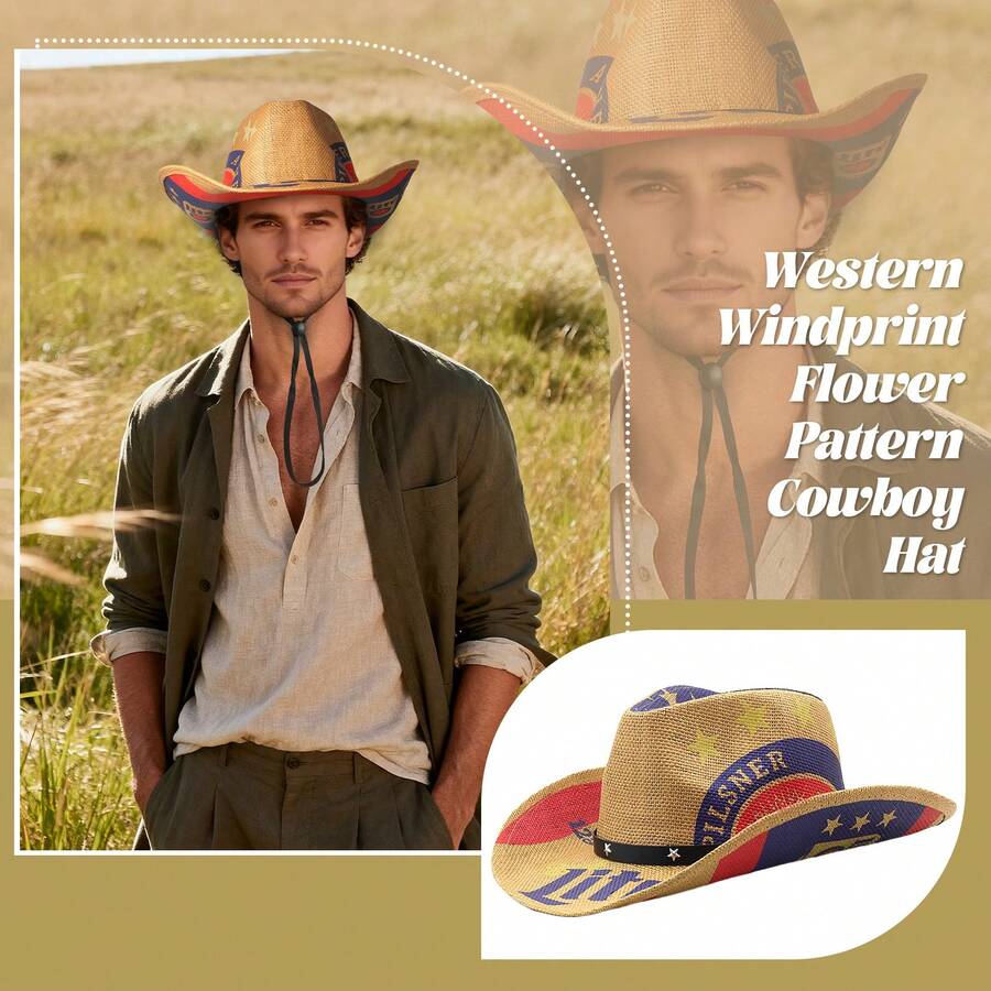 JEWELRYWE Western-Style Cowboy Hat, Printed Straw Curved Brim Cowboy Hat, Prairie Star Fedora, Outdoor Sun Hat, Party Hat