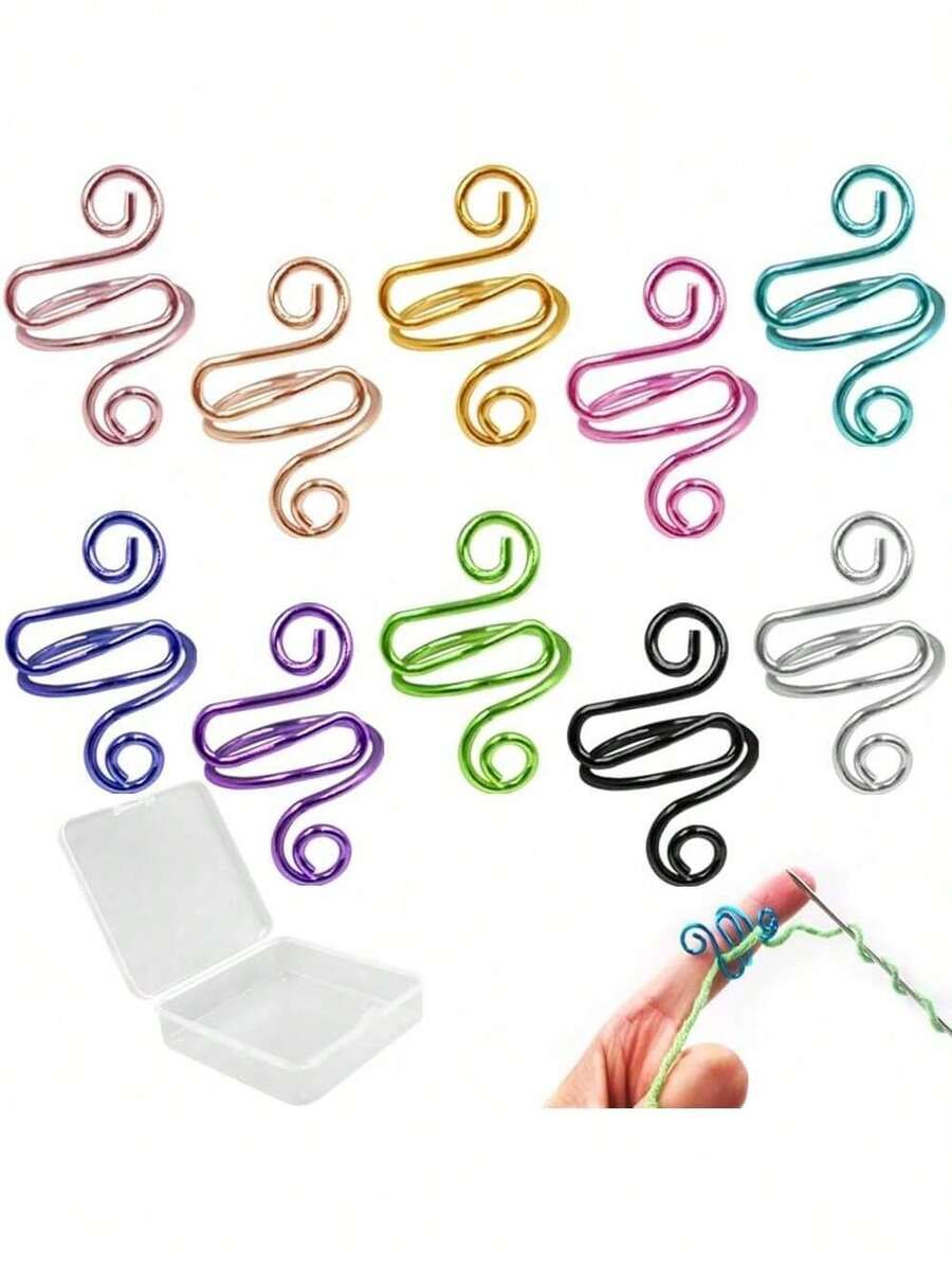 EstiloAFUNTA - 10 anillos de ganchillo ajustables para tejer dedos, ganchillo, suministros de ganchillo, soporte de hilo, contadores de puntadas para ganchillo con caja de almacenamientoVersión mejorada - 1 - Ver 1