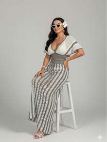 Curly Beach Bottom And Top Bikini Set - Mint Green - View 2