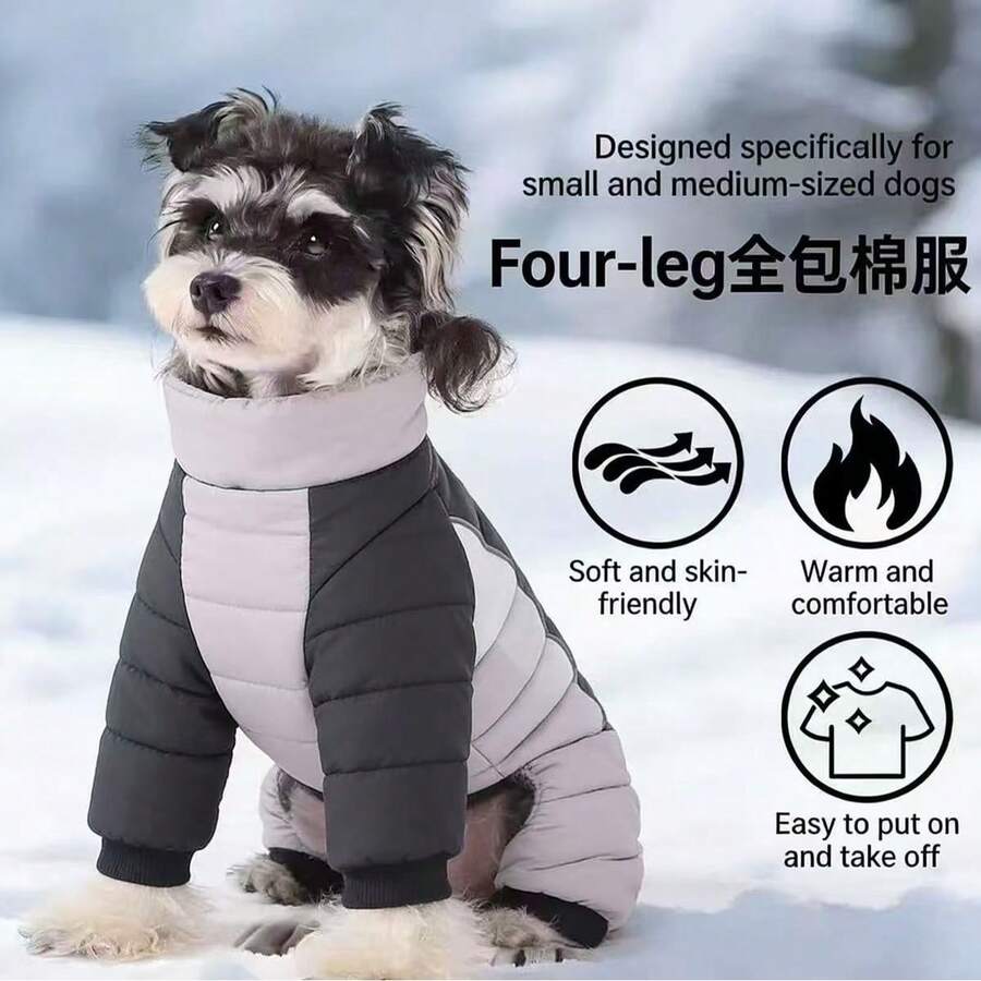 Full Body Dog Jacket - Warm Fleece Coat For Small Dogs, High Collar Winter Jacket With Chest Harness, Reflective All-In-One Windproof Down Jacket With Leg Coverage