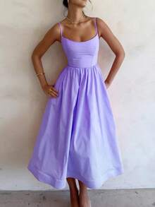 Women's Elegant Sleeveless A-Line Slip Dress, Resort Wear, Sexy Solid Color Long Formal Casual Dress With Low Neckline - 淡紫色 - 查看 1