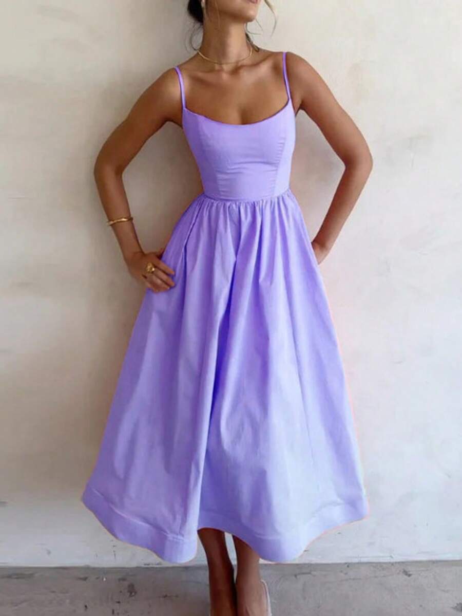 Women's Elegant Sleeveless A-Line Slip Dress, Resort Wear, Sexy Solid Color Long Formal Casual Dress With Low Neckline - 淡紫色 - 查看 1