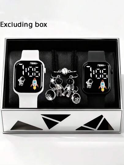 1 Set Reloj electrónico con gráfico de cohete y astronauta de moda casual LED y pulsera de astronauta, set de pulsera con corazón, oferta especial de San Valentín, adecuado para uso diario, festivales y fiestas