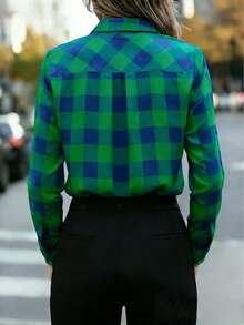 Women's Fashionable Green & Blue Plaid Long Sleeve Shirt Collar Shirt, Regular Fit, Non-Stretch Fabric - Green - View 3