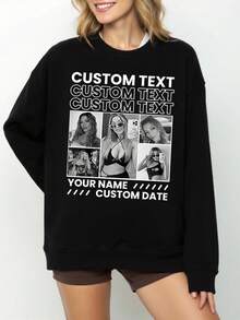 Customized Crew Neck Long Sleeve Sweatshirt, Suitable For Valentine's Day, Everyday Wear, Family Gatherings - Black - View 6