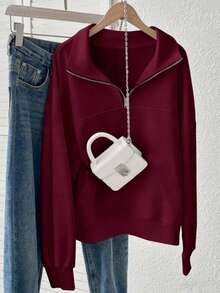 Half-Zip Collar Top, Adjustable Half-Zip Closure For Customized Neckline Feel, Relaxed Fit For Unrestricted Comfort During Wear, Suitable For Spring, Autumn And Cool Weather Periods, Versatile For Pairing With Bottoms For Daily Or Casual Occasions  /Vacation Outfits Women /Summer Outfits For Women / Summer Clothes / Summer Tops / Going Out Tops Women - Đỏ - Xem 3