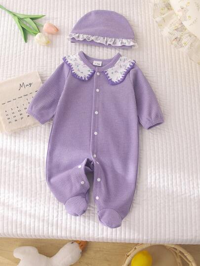 Baby Girl Collared Button Design Long Sleeve Cute Floral Footie Jumpsuit + Adorable Hat
