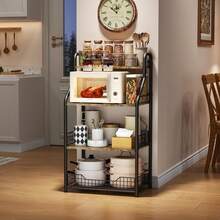 Estante de Microondas 4 Nivel, Organizador Estante para Cocina de Microonda con 5 Ganchos, Estante de Cocina Multiusos Alacena de Almacenamiento para Ollas y Sartenes/ Vajilla/ Especias (60x40x106cm) - 1 - Ver 5