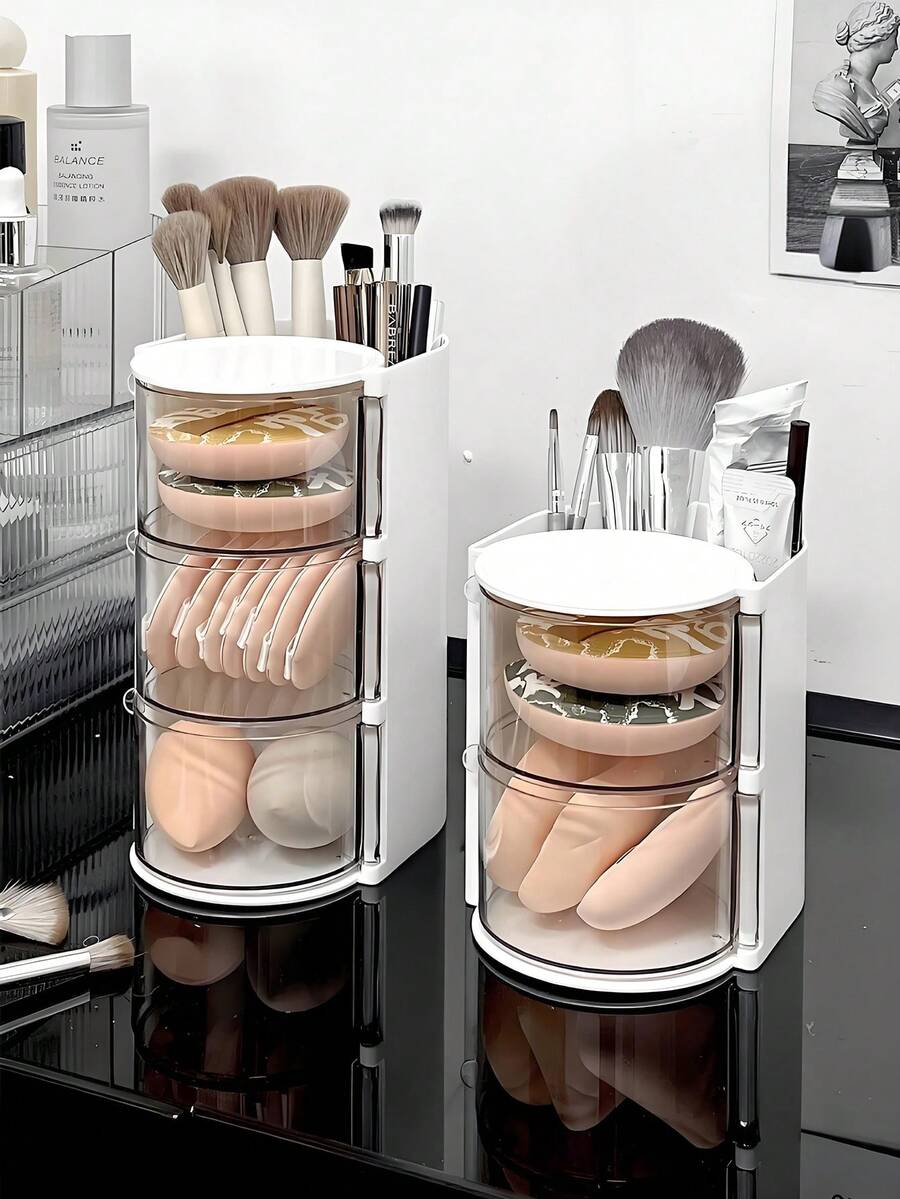 360° Rotating Makeup Brush Organizer - Dustproof & Waterproof With Clear Lid, Polished Finish For Easy Access, Perfect Cosmetic Storage Solution