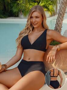 Women's Casual Black Bikini Set, With Spaghetti Straps, High Elasticity Fabric, Suitable For Summer Beach Wear - Black - View 3