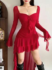 高级亮丽纯色修身高腰时尚方领长袖网纱连衣裙，不对称下摆，适合派对和休闲场合。 - 紅色 - 查看 5