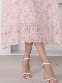 2026 New Style Ramadan Traditional Elegant Floral Embroidered Asymmetrical Ruffle Hem Dress, Modest Arabic Women Clothing - Pink - View 5