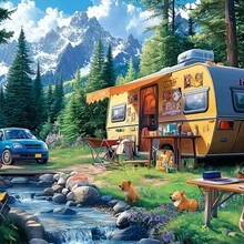 1000-Piece Puzzle - Vintage Van With Mountain Scenery, Dog Family And Couple Scene - Vibrant Colors, Exquisite Details -, Birthday, Father's Day - Family Activity, Home Decoration, Camping Decor, Landscape Reproduction - trắng - Xem 3