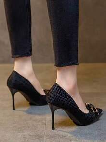 Women's French Oblique Toe High Heel Shoes, New 2025 Slim Heel Pointed Toe Dress Shoes, Fairy Style Niche Low Vamp Pumps - Black - View 4