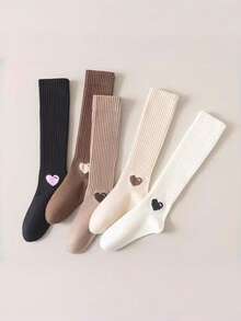 1 par de calcetines de mujer con patrón de corazón, de unicolor, estilo japonés simple con rayas verticales de compresión para las piernas, entrega de color aleatorio, otoño/invierno
