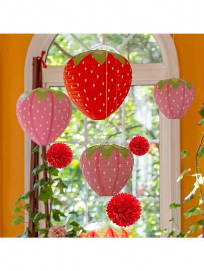 1pc Strawberry Lantern, 3D Strawberry Shaped Party Decor Hanging Lantern, Strawberry Theme Garden Party, Birthday Party Decoration, Home Decor